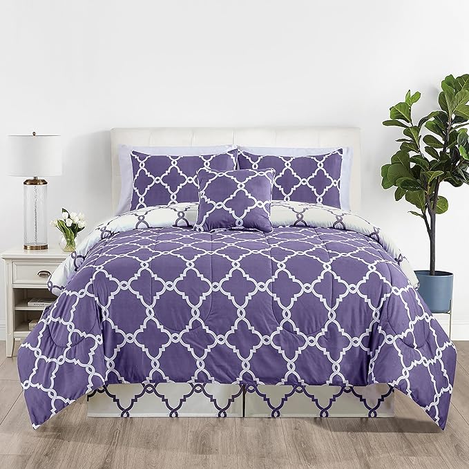 LUX Décor Reversible 5pc Queen Comforter Set, Printed Bedding Set, All-in-One Bed in a Bag, Includes 1 Comforter, 2 Pillow Shams, 1 Decor Pillow & 1 Bed Skirt (Quatrefoil Lavender,Queen)