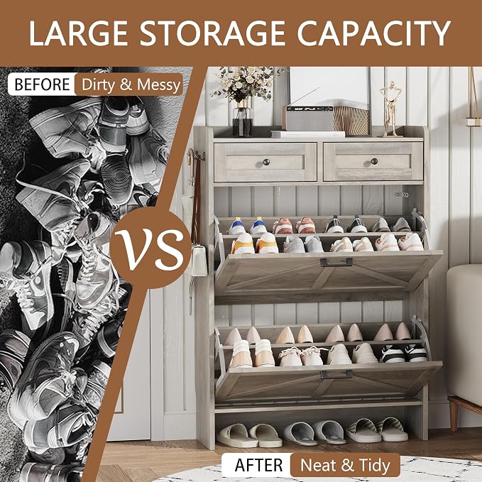 Shoe Cabinet with 2 Flip Drawers & 2 Top Drawers, 43" Tall Freestanding Narrow Wooden Shoe Storage Organizer for Entryway, Hidden Slim Shoe Rack for Front Door Entrance, Hallway, Living Room, Grey - Image 7