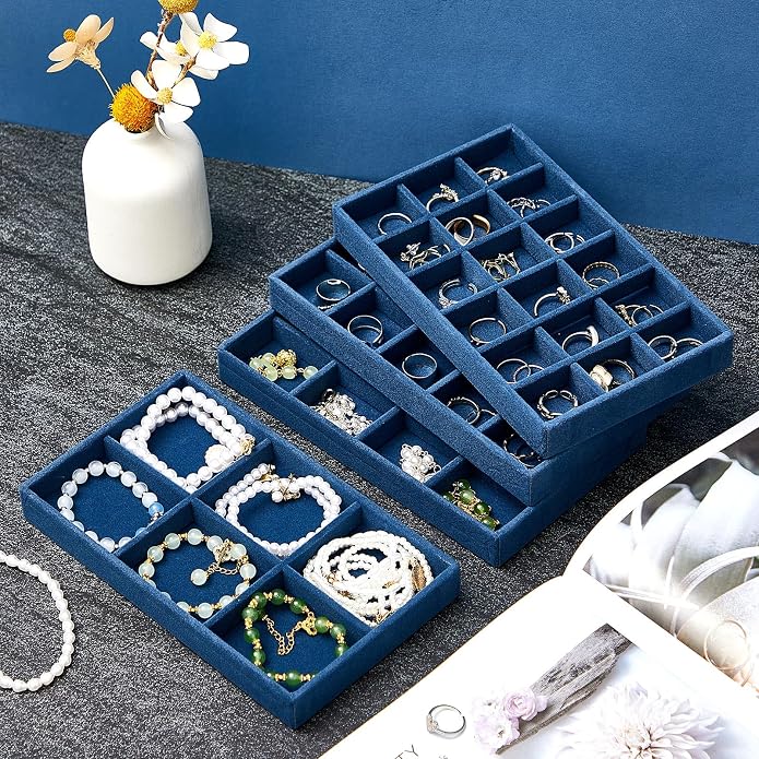 Junkin 12 Pcs Jewelry Tray Velvet Stackable Jewelry Organizer Trays Divided Earring Accessories Storage Containers Box (Rose Red) - Image 7