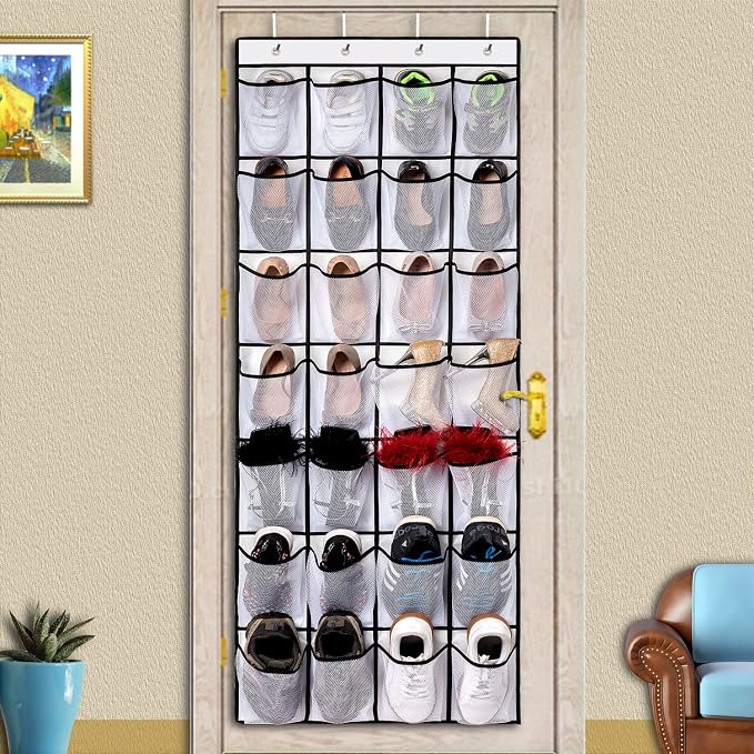 REGELETO 2 Pack 28 Pocket Over the Door Shoe Organizer, Hanging Shoe Rack for Door Large Capacity Shoe Organizer Holder with 4 Metal Hooks (White-2Pack) - Image 6