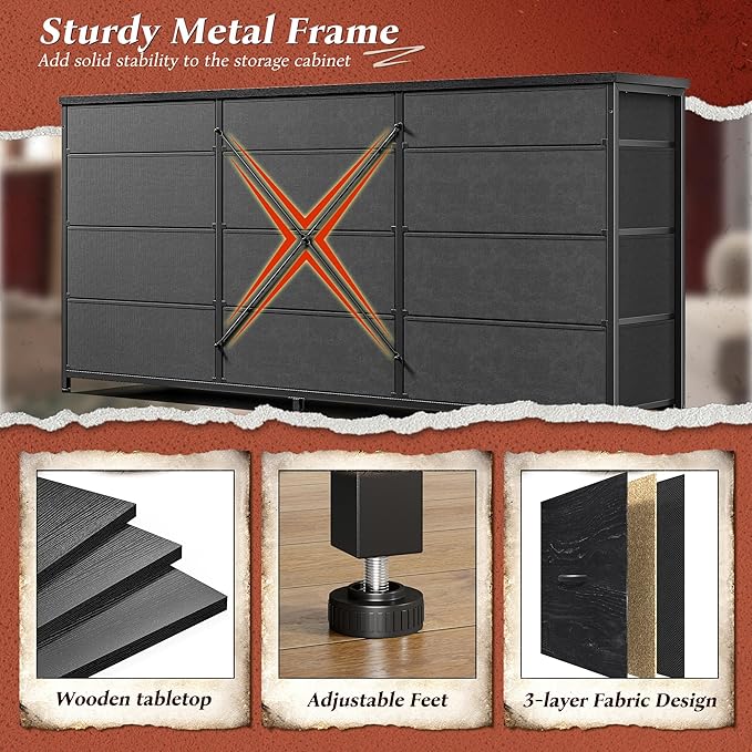 Romorgniz 55" Long Dresser for Bedroom with 12 Fabric Drawers, Entertainment Center for 60 inch TV Dressers & Chests of Drawers Large Organizer, Living Room, Metal Frame, Wood Top, Black