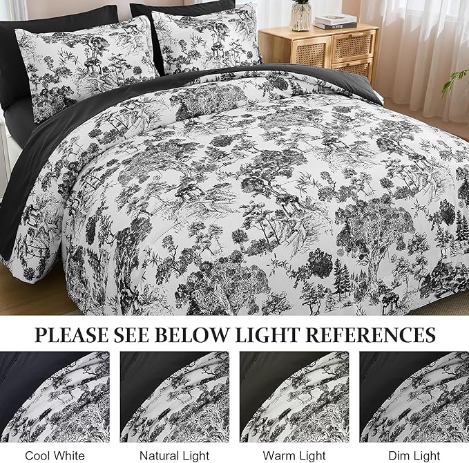 DJY Black Comforter Set Queen, 7 Pieces Black and White Botanical Comforters Queen Size Elegant Plants Print with Sheets Bed in a Bag Soft Microfiber Reversible Complete Bedding Sets for All Season
