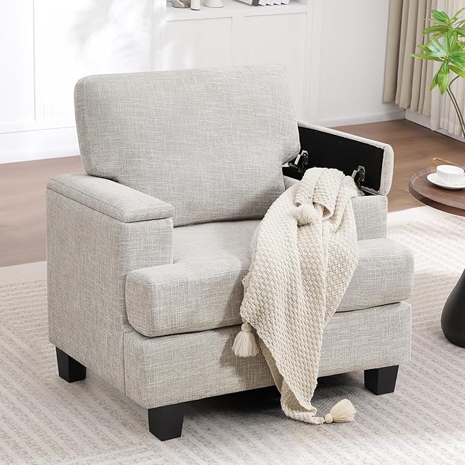 Accent Chairs Set of 2 with Armrest Storage, Modern Upholstered Reading Living Room Chair, Comfy Large Armchairs, Fabric Single Sofa Chair for Bedroom (Beige)