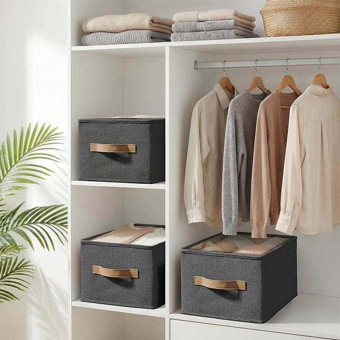 LayerSpace 3 Pack Fabric Storage Bins for Shelves | 14¾" L*10¼" W*8¼" H Closet Storage Bins | Collapsible Closet Organizers for Clothes | Linen Clothes Bins | Black - Image 8