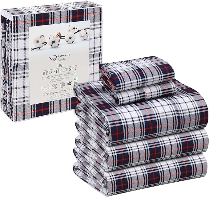 RUVANTI 100% Cotton Sheets – Split King Size Percale Bedding, Cooling & Breathable Floral Design, Durable with a Crisp, Soft & Comfortable Feel, 16" Deep Pocket, 5-Piece Set, Prussian