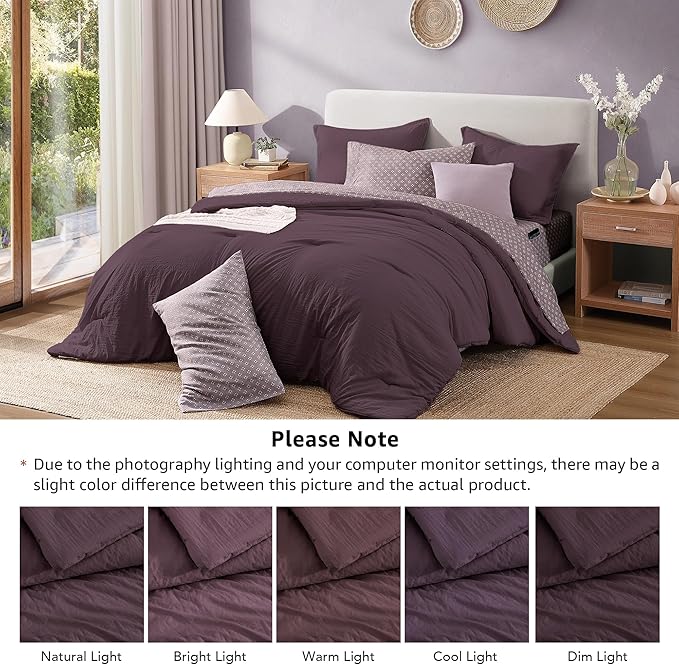Monbix King Size Comforter Set - 7 Pieces ltalian Plum Prewashed Bed in a Bag King Bedding Sets with Comforters, All Seasons Ultra Soft Comforter Bed Set with Sheets,Pillowcases & Shams