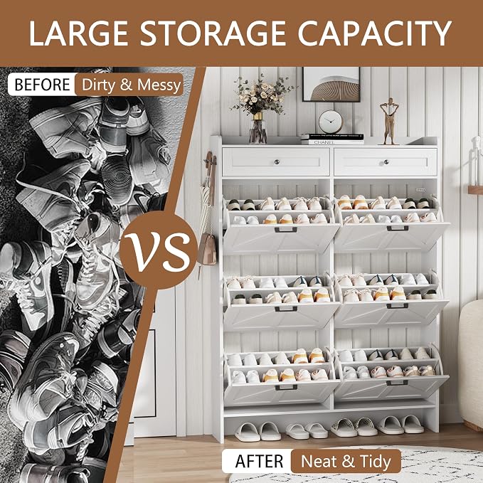 Shoe Cabinet with 6 Flip Drawers & 2 Top Drawers, 57" Tall Freestanding Narrow Wooden Shoe Storage Organizer for Entryway, Hidden Slim Shoe Rack for Front Door Entrance, Hallway, Living Room, White - Image 7