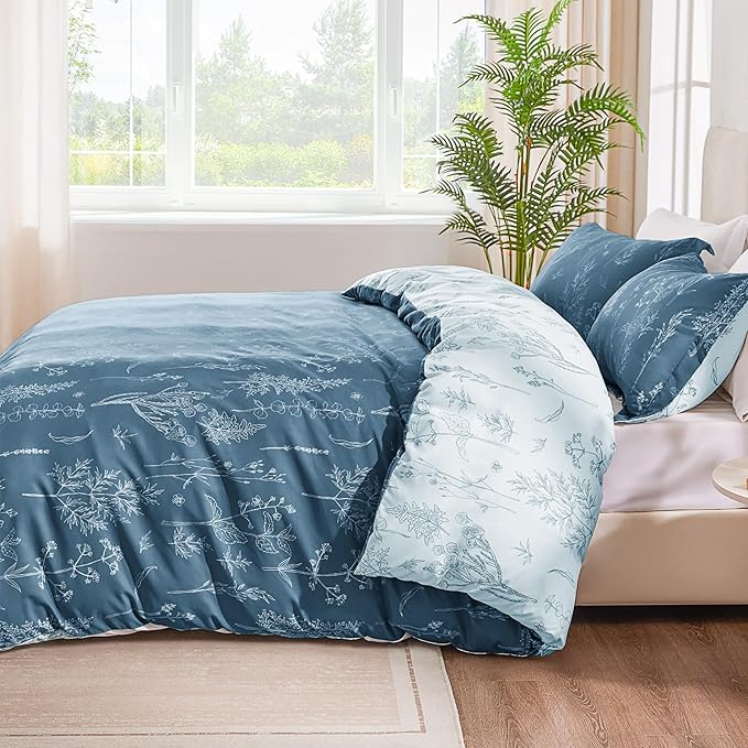 Love's cabin Bluish Grey Comforter Set Queen - Queen Size Comforter Set, 3 Pieces Cute Floral Bedding Sets for All Seasons,1 Soft Reversible Botanical Flowers Comforter and 2 Pillow Shams