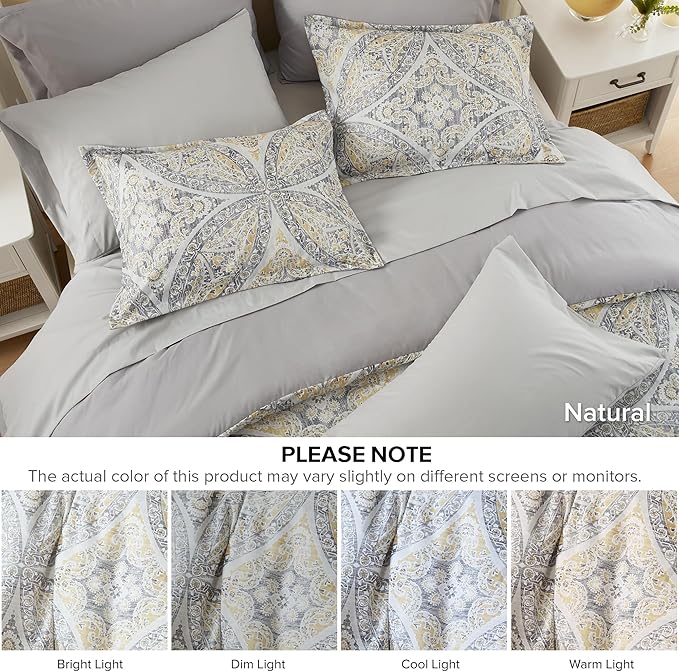 Comfort Spaces Bed in A Bag Comforter Set - Trendy Casual Design Queen Comforter with Complete Sheet Set with Side Pocket, All Season Comforter Queen, Shams, Gloria, Queen Grey/Yellow 9 Piece