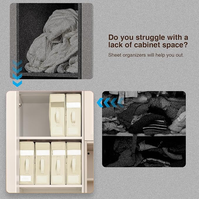 DIMJ Bed Sheet Organizers and Storage 6 Pack - Foldable Sheet Holder for Linen Bedding Storage Box for organization, Sheets Set Holder for Blanke, Towel (King & Queen Size), Beige - Image 6
