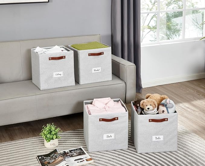 DECOMOMO Storage Baskets, 13x15x13 Storage Cube Bins with Labels for Organizing Shelves (Kallax / 4pcs, Light Grey) - Image 8