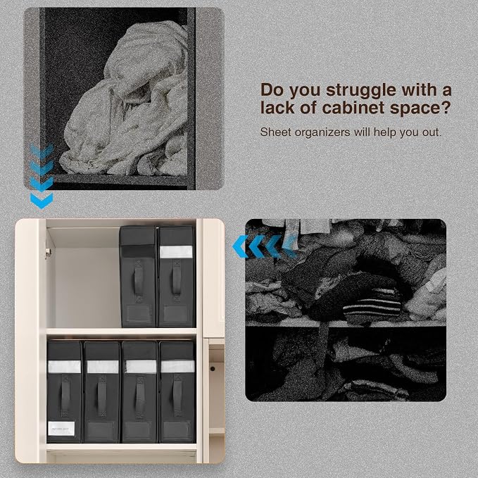 DIMJ Bed Sheet Organizers and Storage 6 Pack - Foldable Sheet Holder for Linen Bedding Storage Box for organization, Sheets Set Holder for Blanke, Towel (King & Queen Size), Black - Image 6