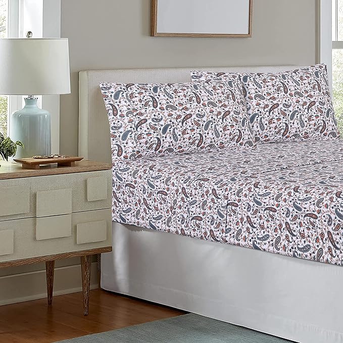 RUVANTI 100% Cotton Sheets – Full Size Percale Bedding, Cooling & Breathable Floral Design, Durable with a Crisp, Soft & Comfortable Feel, 16" Deep Pocket, 4-Piece Set, Teal Paisley