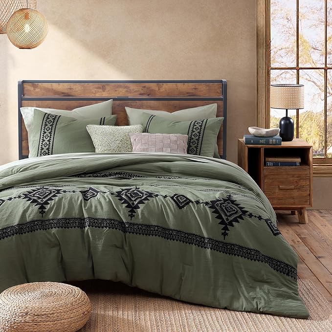 MaiRêve Embroidery Comforter Set, Boho Farmhouse Western Bedding Set, All Season Bed in A Bag Comforter Set with Sheets, Pillowcases & Shams, Olive Green California King 7 Pieces