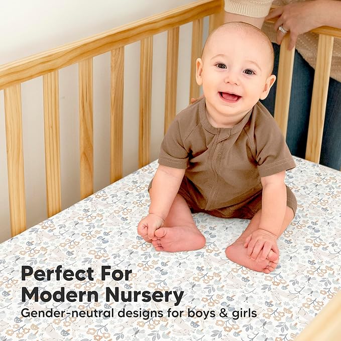 2-Pack Waterproof Baby Crib Sheets for Boys, Girls - 52x28 Viscose Derived from Bamboo Toddler Bed Sheet Neutral, Fitted Crib Mattress Protector Cover for Baby Bedding, Soft & Gentle (Prairie)