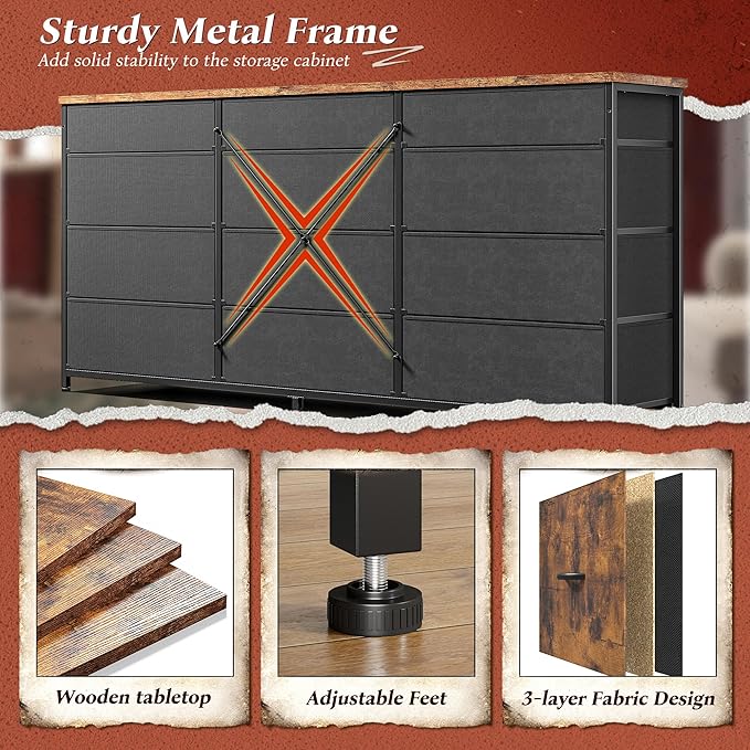 Romorgniz 55" Dresser for Bedroom with 12 Fabric Drawers, Entertainment Center for 60 inch TV Dressers & Chests of Drawers Large Organizer, Living Room, Metal Frame, Wood Top, Rustic Brown