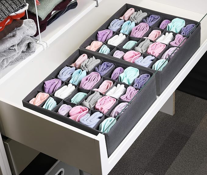 Simple Houseware 2 Pack Closet Sock Organizer, 24 Cell Drawer Divider, Dark Gray - Image 4