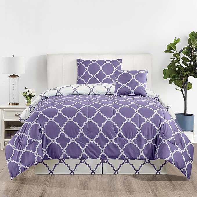 LUX Décor Reversible 4pc Twin Comforter Set, Printed Bedding Set, All-in-One Bed in a Bag, Includes 1 Comforter, 1 Pillow Sham, 1 Decor Pillow & 1 Bed Skirt (Quatrefoil Lavender,Twin)