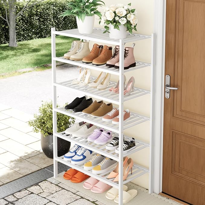 Smiry Shoe Rack, 6 Tier Thick Bamboo Shoe Organizer, Stackable Free Standing Wooden Shoe Storage Shelf for Closet, Entryway, Front Door Entrance, White - Image 7
