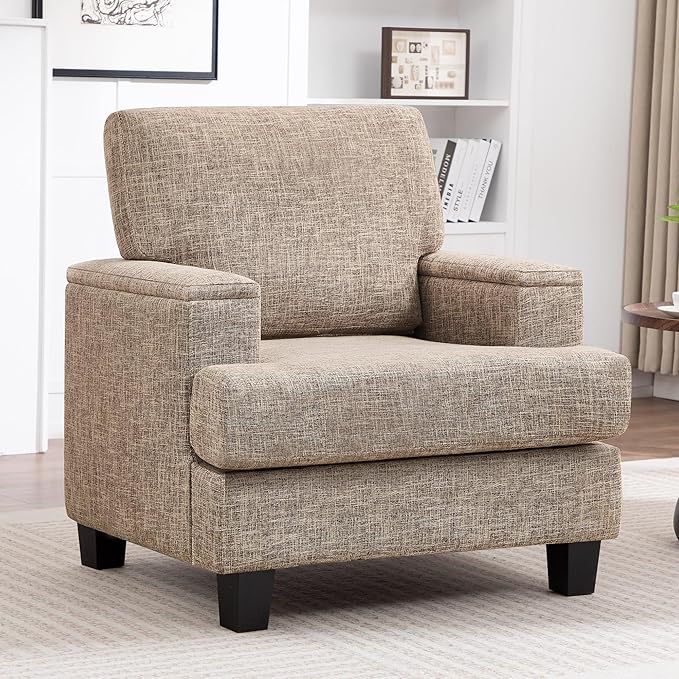 Accent Chair for Living Room, Modern Upholstered Reading Chairs with Armrest Storage, Comfy Large Armchair, Fabric Single Sofa Chair for Bedroom (Yellowish Brown)