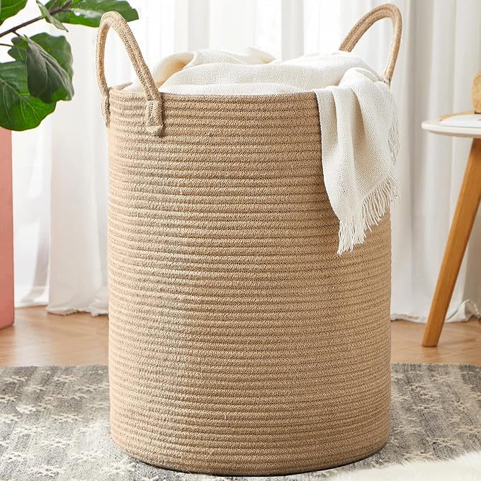 80L Extra Large Jute Laundry Hamper Tall Woven Laudnry Basket Wicker Rope Clothes Hamper Boho Blanket Basket in Living Room Bedroom 16"D x 22"H - Image 8