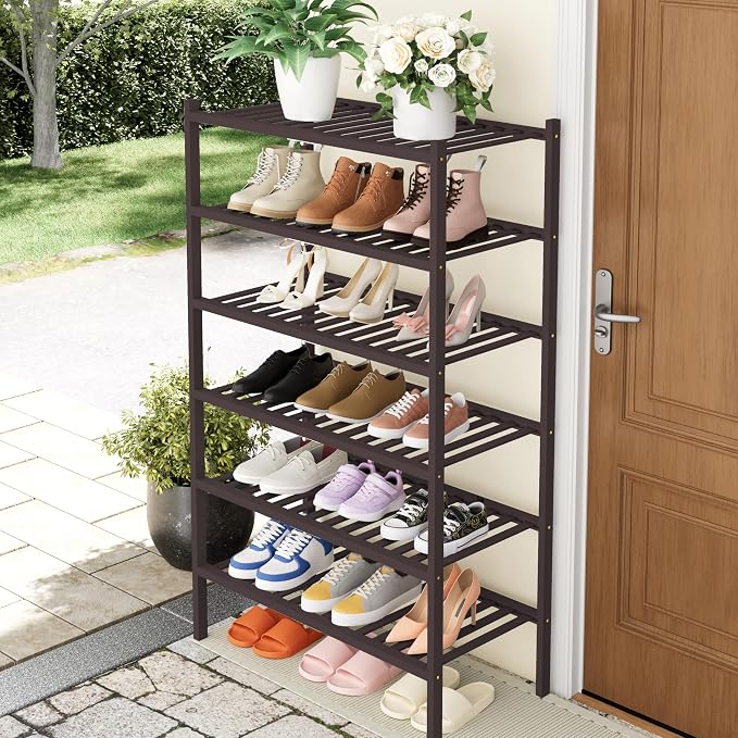 Smiry Shoe Rack, 6 Tier Thick Bamboo Shoe Organizer, Stackable Free Standing Wooden Shoe Storage Shelf for Closet, Entryway, Front Door Entrance, Brown - Image 7