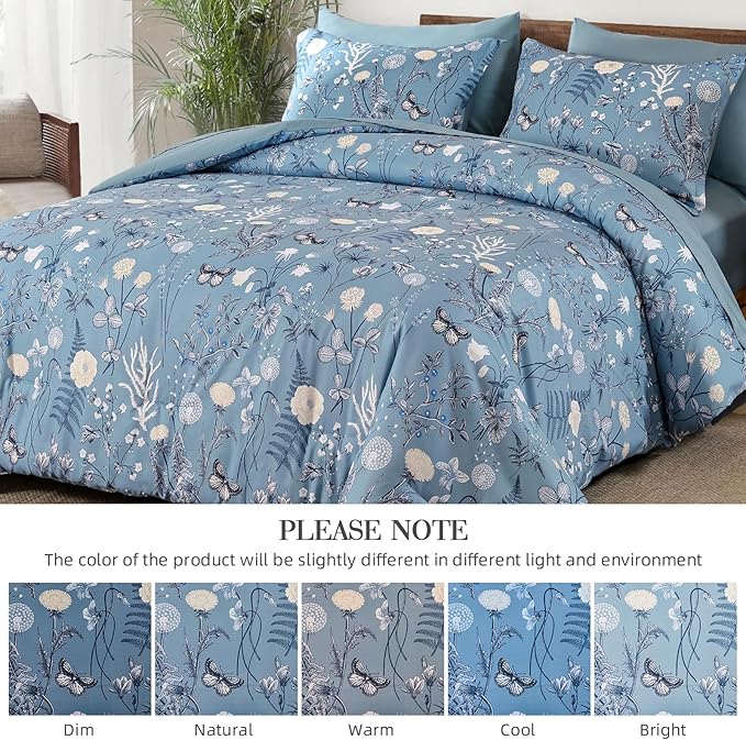 Yiran Blue Comforter Set King Size, 7 Piece Floral Comforter Bedding Set, Botanical Farmhouse Bed in a Bag, Soft Microfiber Complete Bedding Set with Sheets for All Season