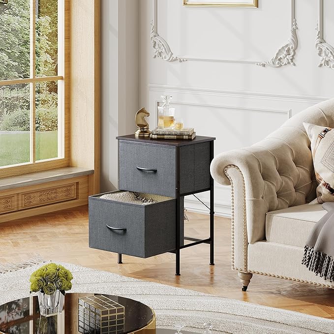 WLIVE Night Stand Set 2, Dresser and Nightstand Sets, Nightstands for Bedroom with 2 Fabric Drawer, End Tables Bedroom Furniture Set, Closet, College Dorm, Dark Grey