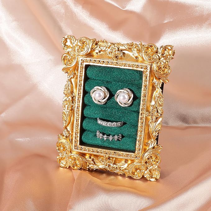 Vintage Ring Holder Rectangle Gold Velvet Display Stand - Baroque Jewelry Organizer Box Tray for Wedding Engagement Anniversary Women Birthday Christmas Gift Photograph Prop (MPF05-Gold Green) - Image 7