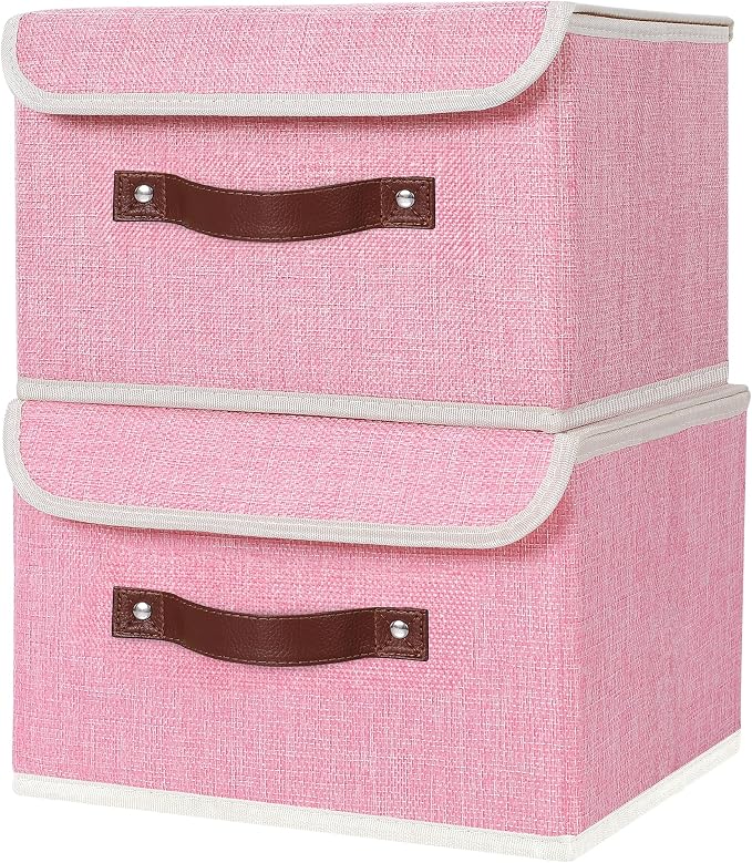 ANMINY 4PCS Storage Bins with Lid PU Leather Handles Storage Boxes PP Plastic Board Decorative Foldable Lidded Cotton Linen Fabric Home Cubes Baskets Closet Organizer Containers - Pink, Small Size - Image 8