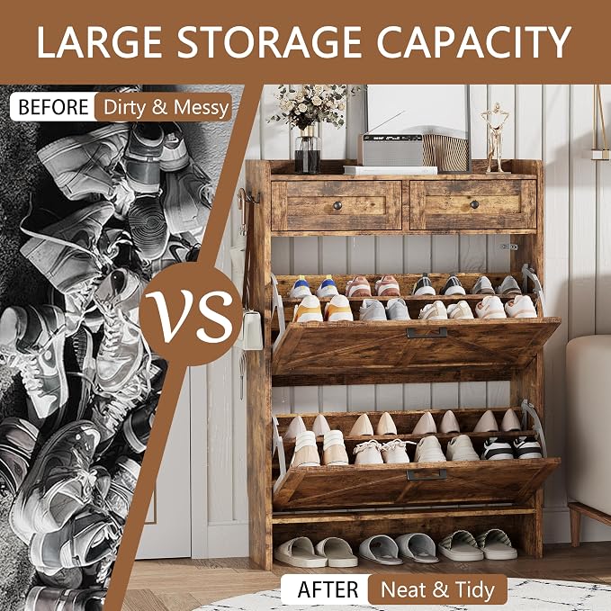Shoe Cabinet with 2 Flip Drawers & 2 Top Drawers, 43" Tall Freestanding Narrow Wooden Shoe Storage Organizer for Entryway, Hidden Slim Shoe Rack for Front Door Entrance, Hallway, Living Room, Brown - Image 7