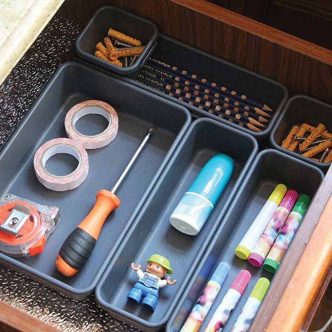 Set of 22 Interlocking Desk Drawer Organizer Tray Dividers Plastic Shallow Narrow Drawers Organizers Separators and Storage Bins Container for Kitchen Bathroom Makeup Office Vanity Bedroom Dresser - Image 7