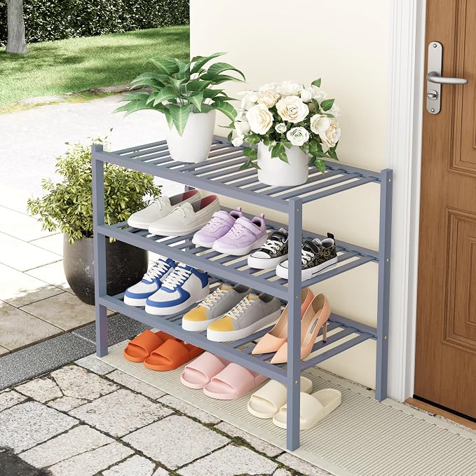 Smiry Shoe Rack, 3 Tier Thick Bamboo Shoe Organizer, Stackable Free Standing Wooden Shoe Storage Shelf for Closet, Entryway, Front Door Entrance, Grey - Image 7