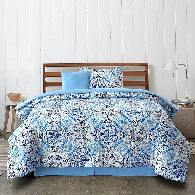 LUX Décor Reversible 4pc Twin Comforter Set, Printed Bedding Set, All-in-One Bed in a Bag, Includes 1 Comforter, 1 Pillow Sham, 1 Decor Pillow & 1 Bed Skirt (Aztec Sky,Twin)