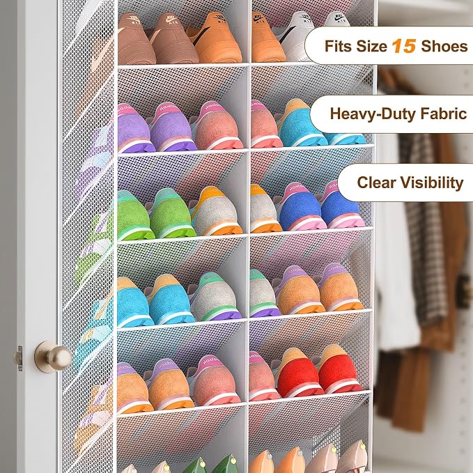 20-30 Pairs Over the Door Shoe Organizer, Breathable Mesh Pocket Hanging Shoe Storage for Closet, 10-Tier Door Shoes Rack, Handing Shoes Holder Fit All the Family's Sneakers, Boots, Heels, Light Grey - Image 6