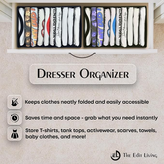 Drawer Organizer Clothes - 3 Set Multipurpose Dresser Drawer Organizer for Adults & Kids, Closet Foldable 10 Cells per Organizer - Non-Woven Fabric, T-Shirts, Baby Clothes, Shorts Organizer - Black - Image 9