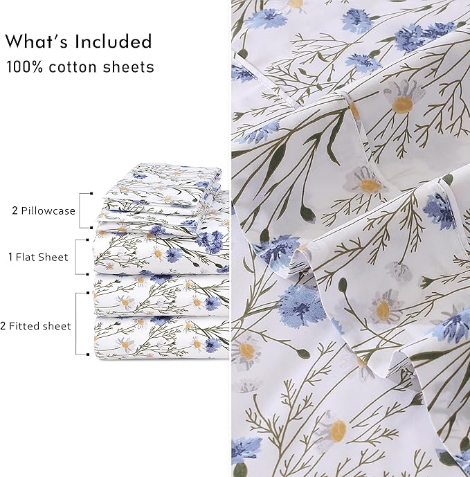RUVANTI 100% Cotton Sheets – Split King Size Percale Bedding, Cooling & Breathable Floral Design, Durable with a Crisp, Soft & Comfortable Feel, 16" Deep Pocket, 5-Piece Set, Sweet Pea