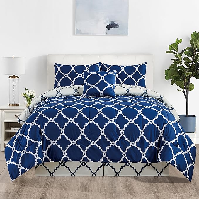 LUX Décor Reversible 5pc King Comforter Set, Printed Bedding Set, All-in-One Bed in a Bag, Includes 1 Comforter, 2 Pillow Shams, 1 Decorative Pillow & 1 Bed Skirt (Quatrefoil Navy,King)