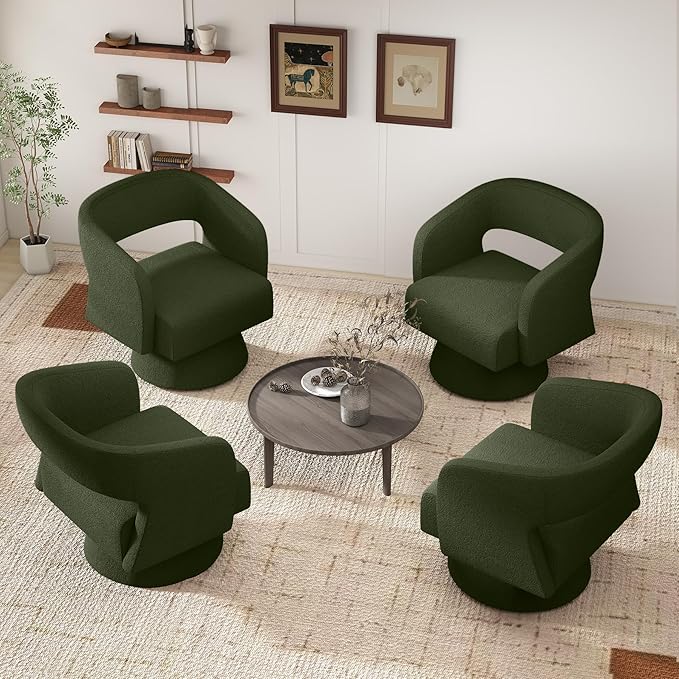 Nebuaegis Swivel Accent Chair Set of 2, Modern Comfy Teddy Barrel Chairs, Oversized Upholstered Round Arm Chair for Living Room, Bedroom, Reading Room, Green