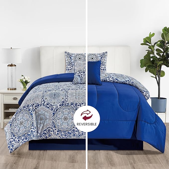LUX Décor Reversible 4pc Twin Comforter Set, Printed Bedding Set, Microfiber Bed in a Bag, Includes 1 Comforter, 1 Pillow Sham, 1 Decor Pillow & 1 Bed Skirt (Aztec Blue,Twin)