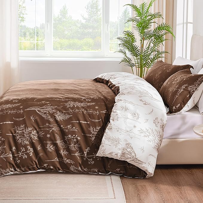 Love's cabin Chocolate Comforter Set King - King Size Comforter Set, 3 Pieces Cute Floral Bedding Sets for All Seasons,1 Soft Reversible Botanical Flowers Comforter and 2 Pillow Shams