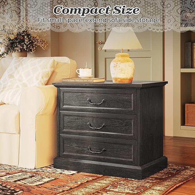 Huuger Nightstand with Charging Station, 3 Drawer Night Stand, 22 Inch Wider Side Table with Storage, Farmhouse Nightstand with Vintage Handles, Thicken Base, for Bedroom, Black