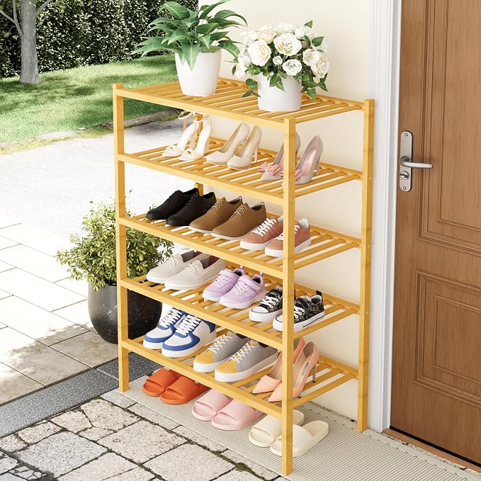Smiry Shoe Rack, 5 Tier Thick Bamboo Shoe Organizer, Stackable Free Standing Wooden Shoe Storage Shelf for Closet, Entryway, Front Door Entrance, Natural - Image 7