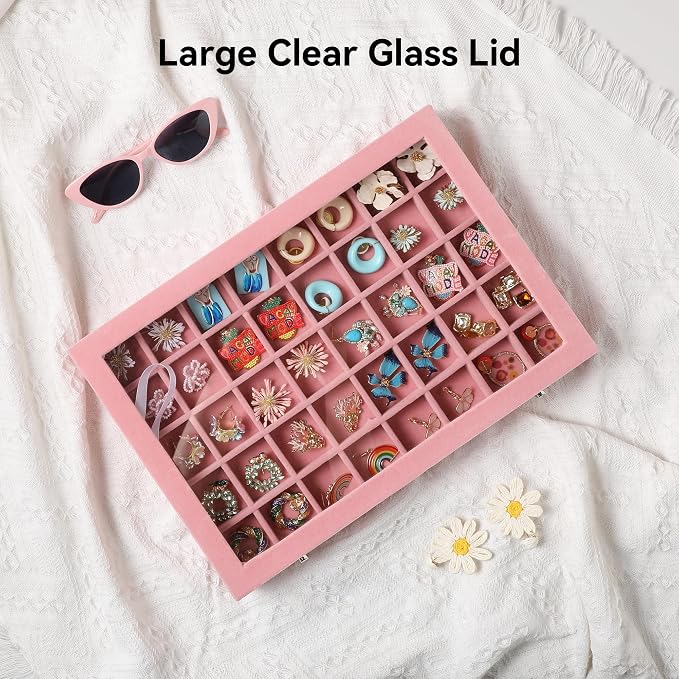 Frebeauty 40 Grid Jewelry Tray,Adjustable Earring Holder Organizer with Glass Lid,Velvet Drawer Jewelry Organizer for Rings,Studs,13.8 x 9.5 x 2 Inches Jewelry Display Box,Gift for Women(Pink) - Image 7