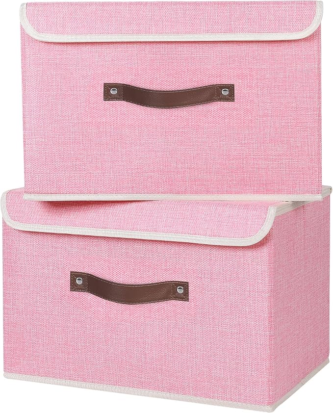 ANMINY 4PCS Storage Bin with Lid Storage Boxes with PU Leather Handles PP Plastic Board Decorative Foldable Lidded Cotton Linen Fabric Home Cubes Baskets Closet Organizer Container - Pink, Medium - Image 7