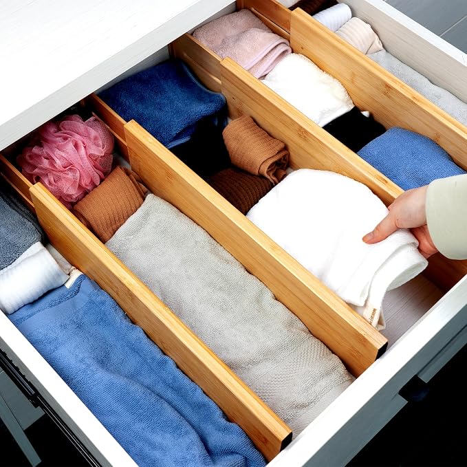 Utoplike Bamboo Drawer Dividers Large, 4'' High Adjustable Kitchen Drawer Organizers for Clothing, Spring Loaded, Works in Bathroom, Bedroom, Dresser, Desk, 4 pcs - Image 7