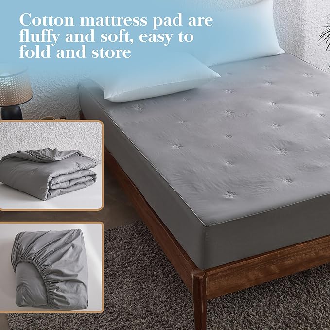 Simple&Opulence King Size Mattress Pad Protector, 100% Cotton Top Cooling Breathable Quilted Mattress Cover Fitted Sheet Stretches up to 16 Inches Deep Pocket Non Slip Soft Bed Pad Topper-Dark Grey