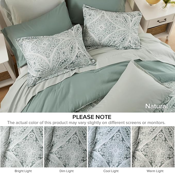 Comfort Spaces Bed in A Bag Comforter Set - Trendy Casual Design King Comforter with Complete Sheet Set with Side Pocket, All Season Comforter King, Shams, Gloria, King Green 9 Piece