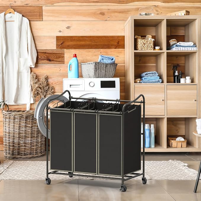Simple Houseware Heavy Duty 3-Bag Laundry Sorter Rolling Cart, Bronze - Image 5