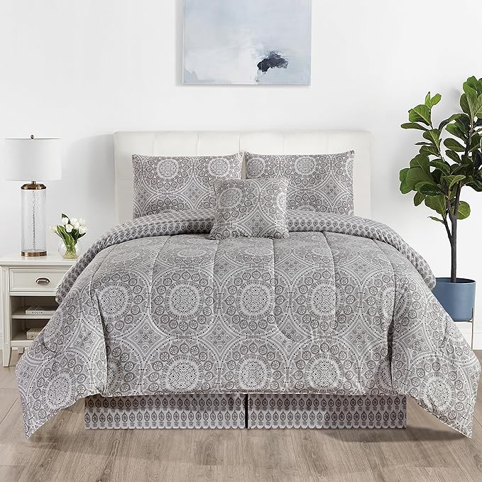 LUX Décor Reversible 5pc King Comforter Set, Printed Bedding Set, All-in-One Bed in a Bag, Includes 1 Comforter, 2 Pillow Shams, 1 Decorative Pillow & 1 Bed Skirt (Aztec Grey,King)